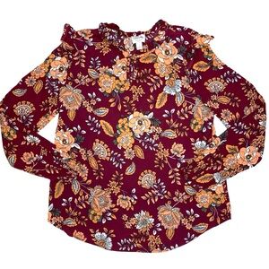 St. John’s Bay Floral Long Sleeve Keyhole Blouse Lightweight Ruffles Fall Autumn